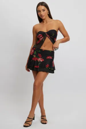 Limited Quantity Sheer Overlay Black Floral Mini Skirt Elasticated Waist Skater Layered Mesh