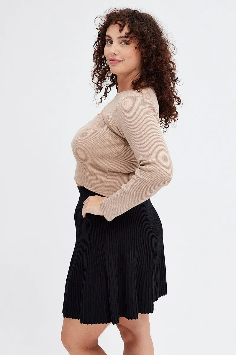Adjustable Fastening Black Knee Skirt Knit Flare