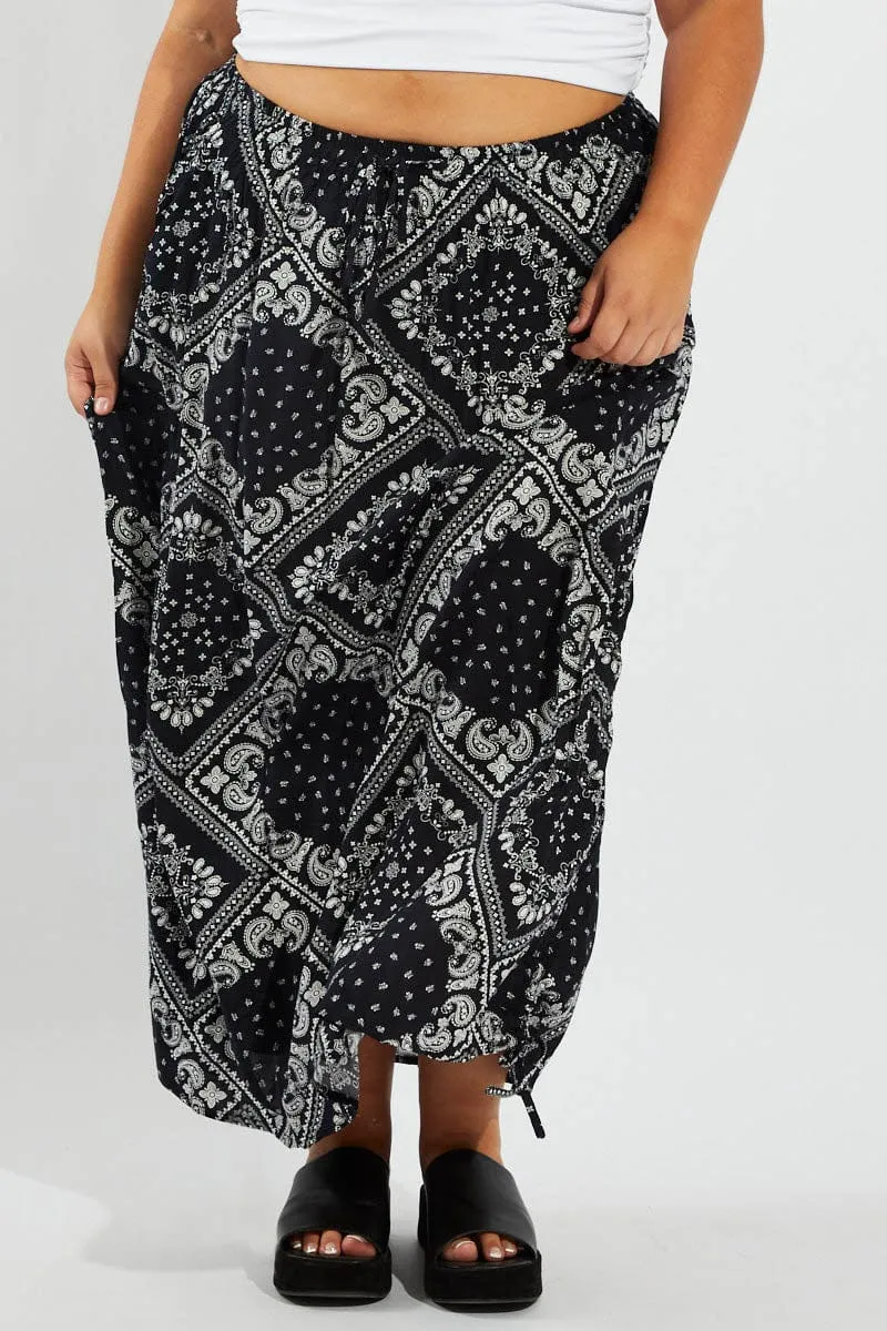 Blue Boho Drawstring Side Bandana Maxi Skirt Breezy Flow Side Slit