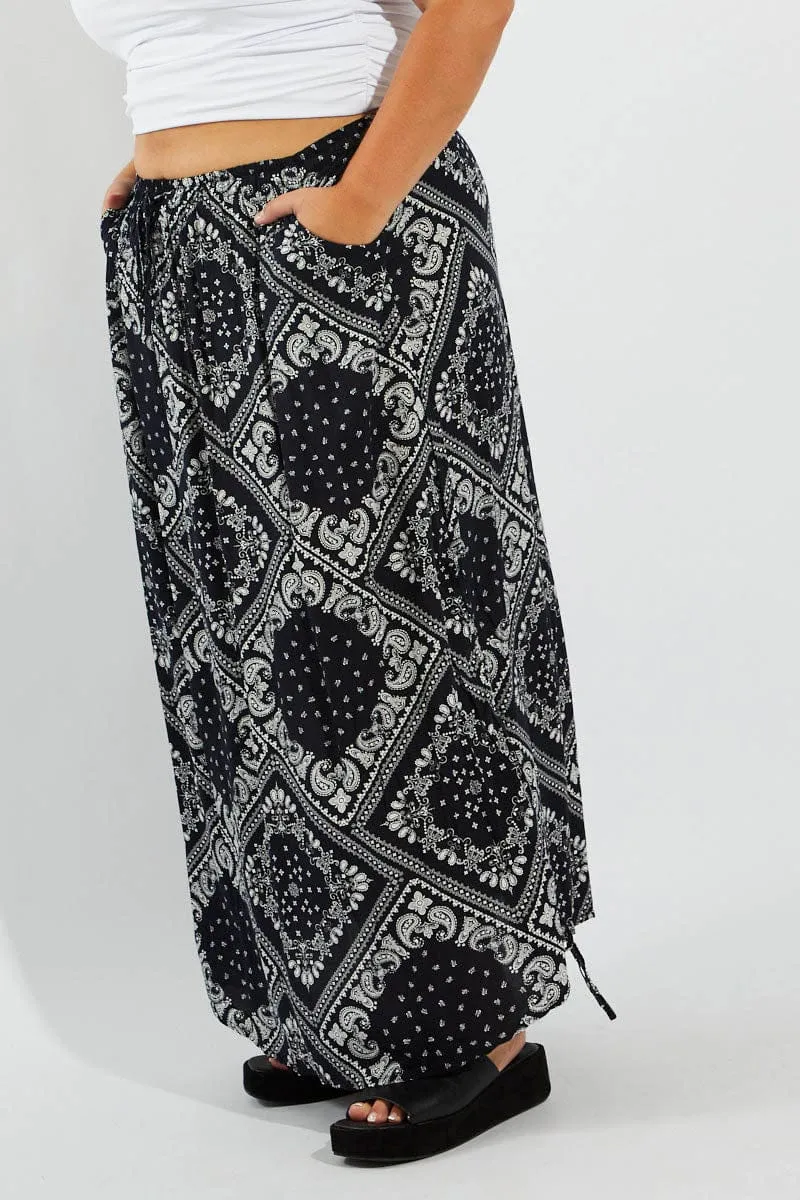 Hand Painted Blue Boho Drawstring Side Bandana Maxi Skirt