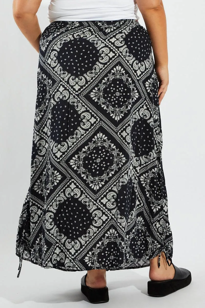 Blue Boho Drawstring Side Bandana Maxi Skirt Laidback Style