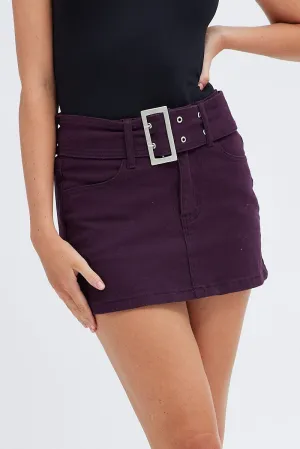 Purple Mini Skirt Belted Low Rise Contoured Waist