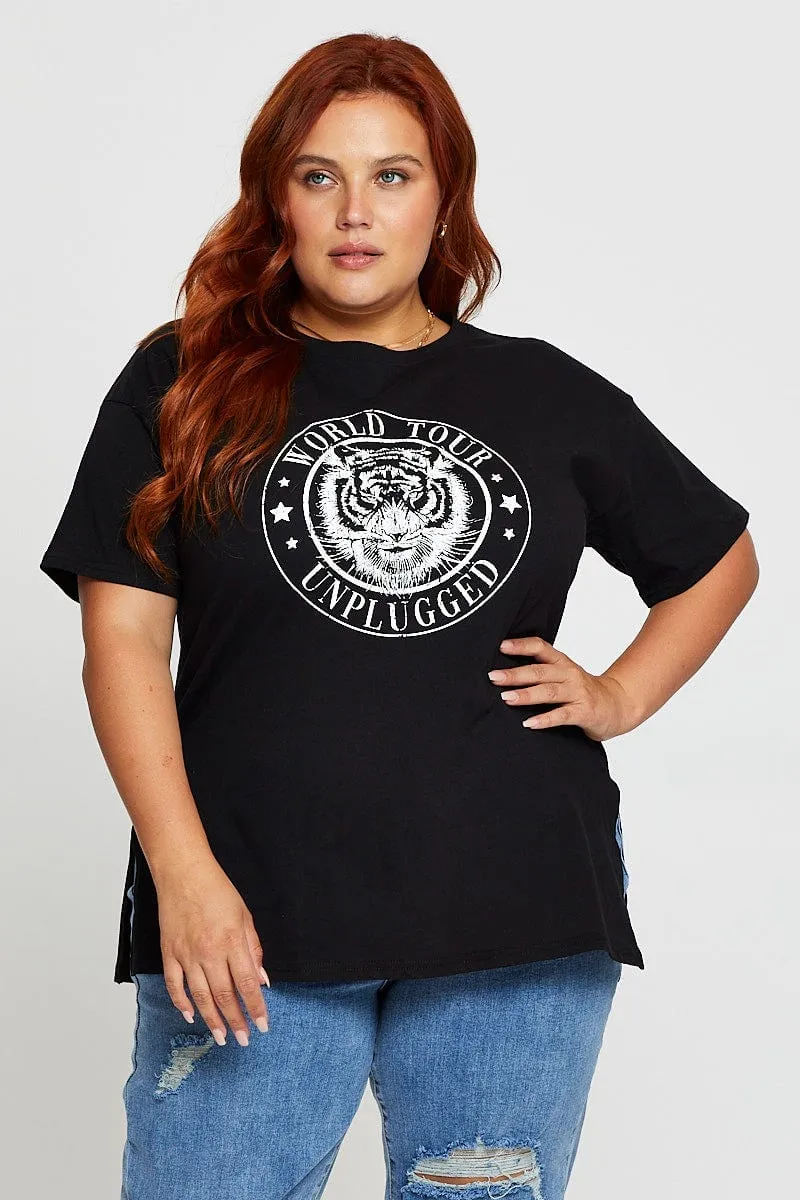 Black Graphic T-shirt Tour Side Split Short Sleeve Lightweight Design