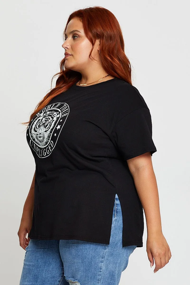 Zero Waste Production Black Graphic T-shirt Tour Side Split Short Sleeve