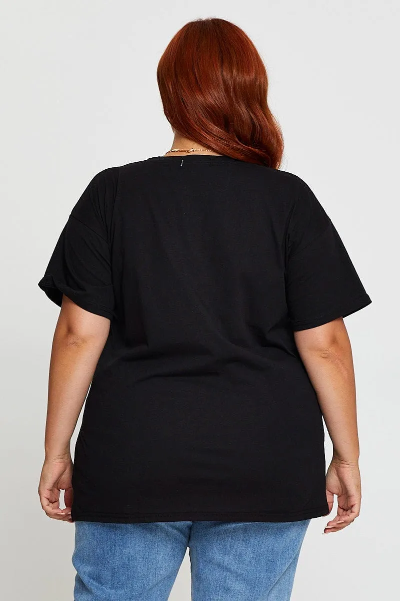 Button Down Premium Material Black Graphic T-shirt Tour Side Split Short Sleeve