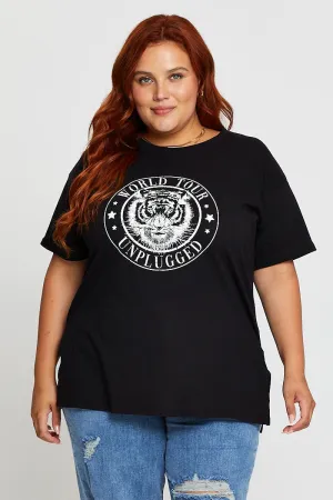 Black Graphic T-shirt Tour Side Split Short Sleeve Flexible Neckband