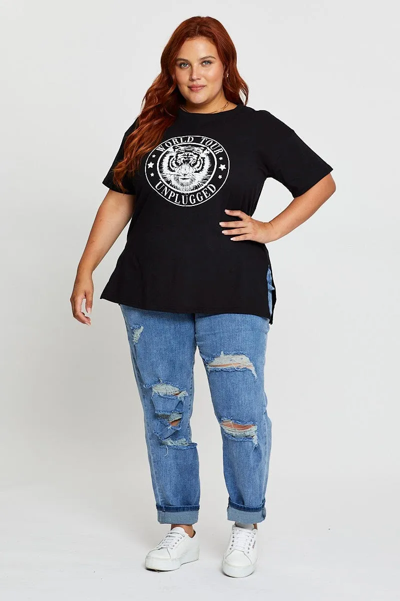 Holiday Style Black Graphic T-shirt Tour Side Split Short Sleeve