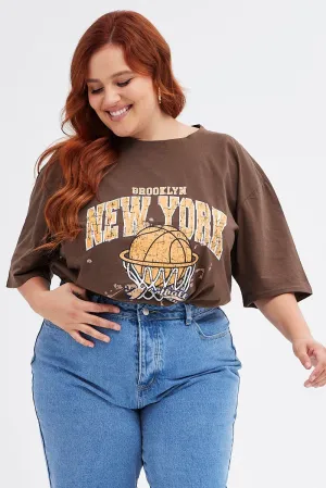 Breathable Wearable Breathable Fit Wear Brown Graphic T-shirt Short Sleeve Crew Neck
