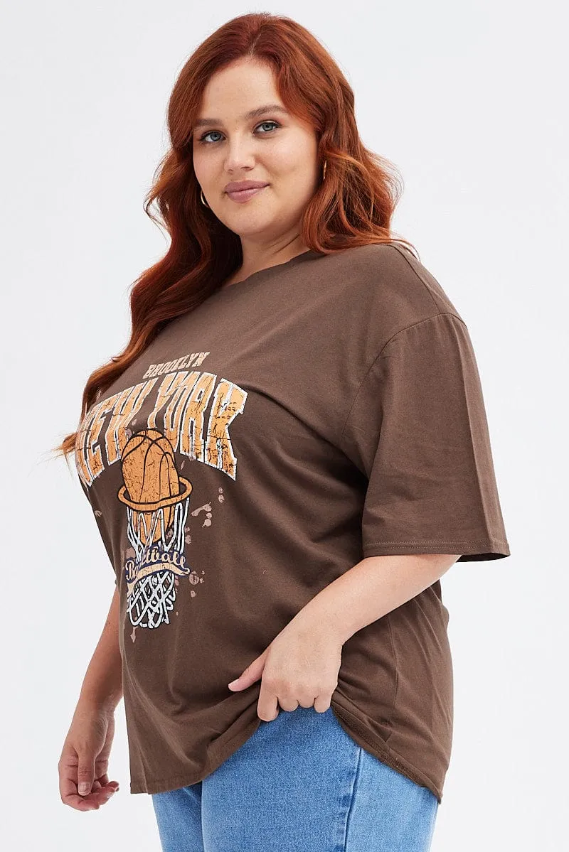 MicroPiqueKnit Seasonal Casual Brown Graphic T-shirt Short Sleeve Crew Neck