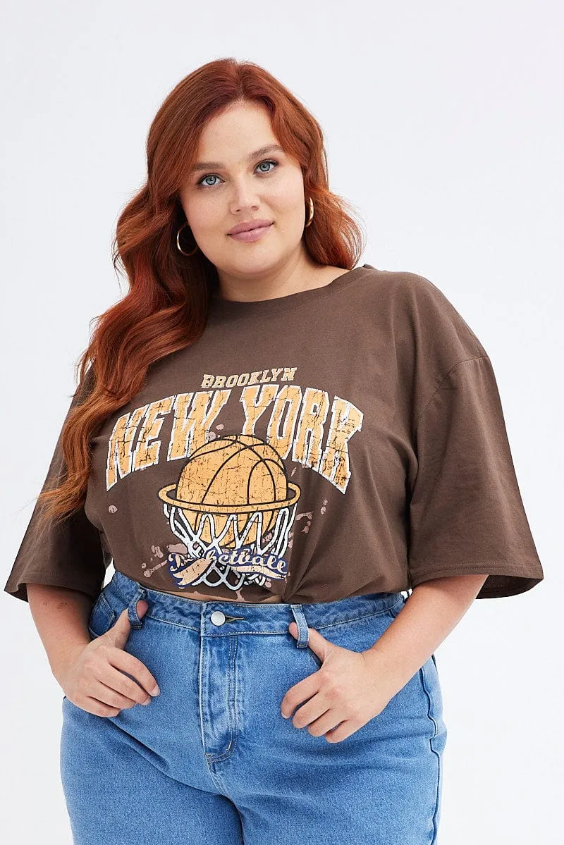 Informal charm Brown Graphic T-shirt Short Sleeve Crew Neck