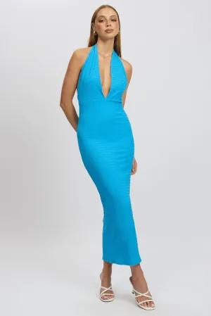 Retro cool Effortless Style Blue Bodycon Dress Halter Neck Texured