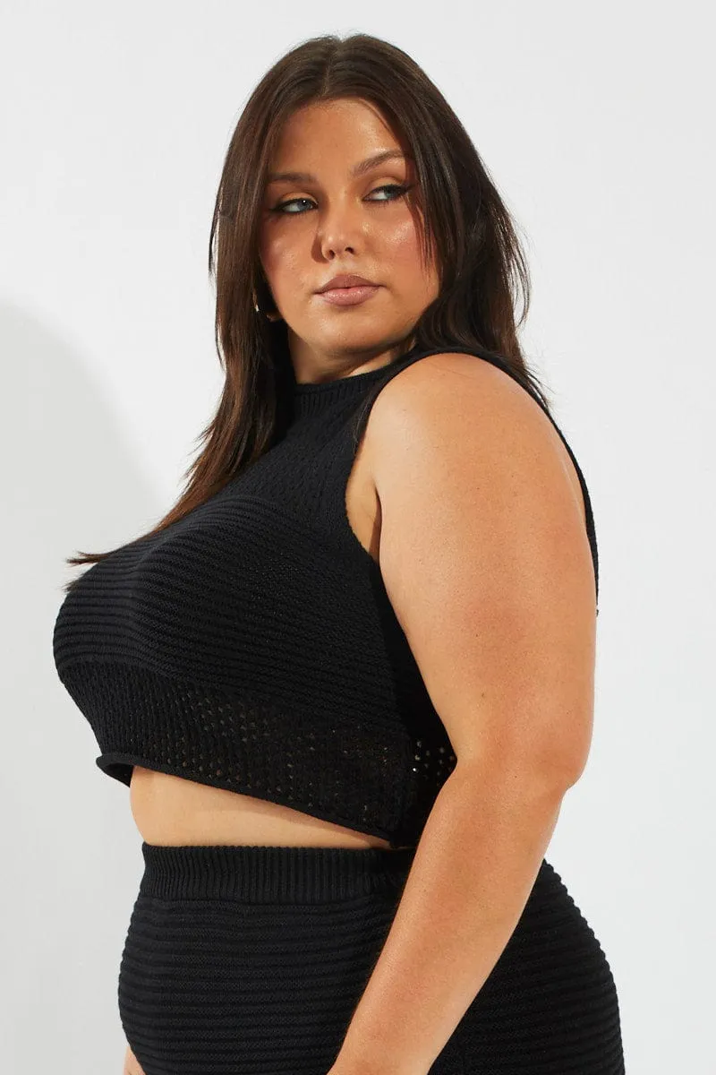 Black Crochet Knit Tank Top Athletic Hoodie Shine Mood