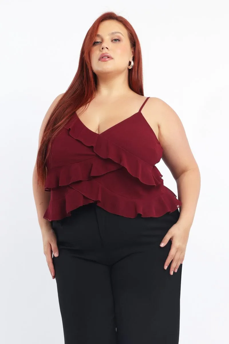 Peace Flow Red Cami Top Sleeveless Frill Detail