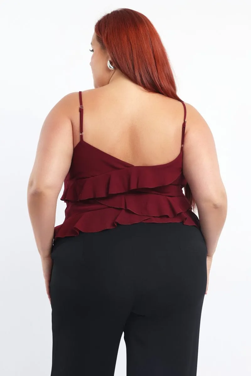 TearResistantMaterial AntiPillingCloth Red Cami Top Sleeveless Frill Detail