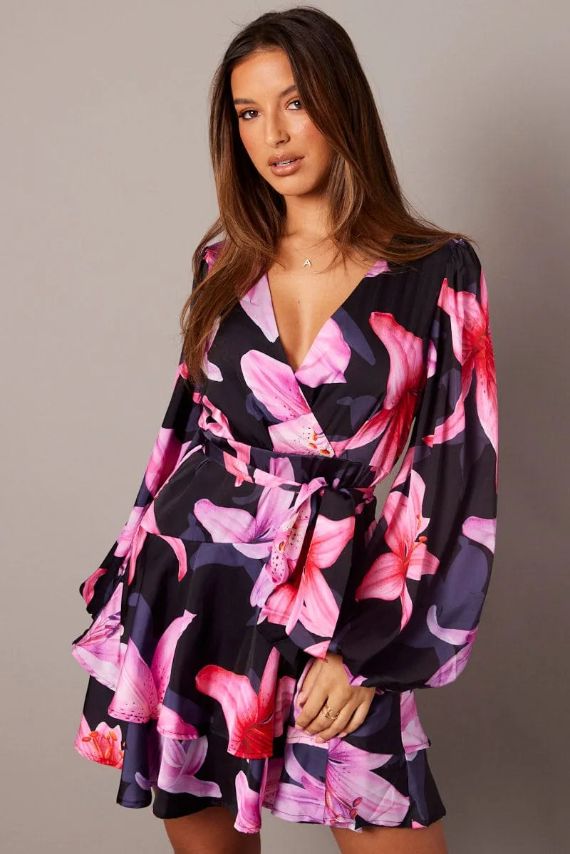 Black Floral Wrap Dress Balloon Sleeve Floaty Skater Dress ReflectiveTrims Stretchable Fabric
