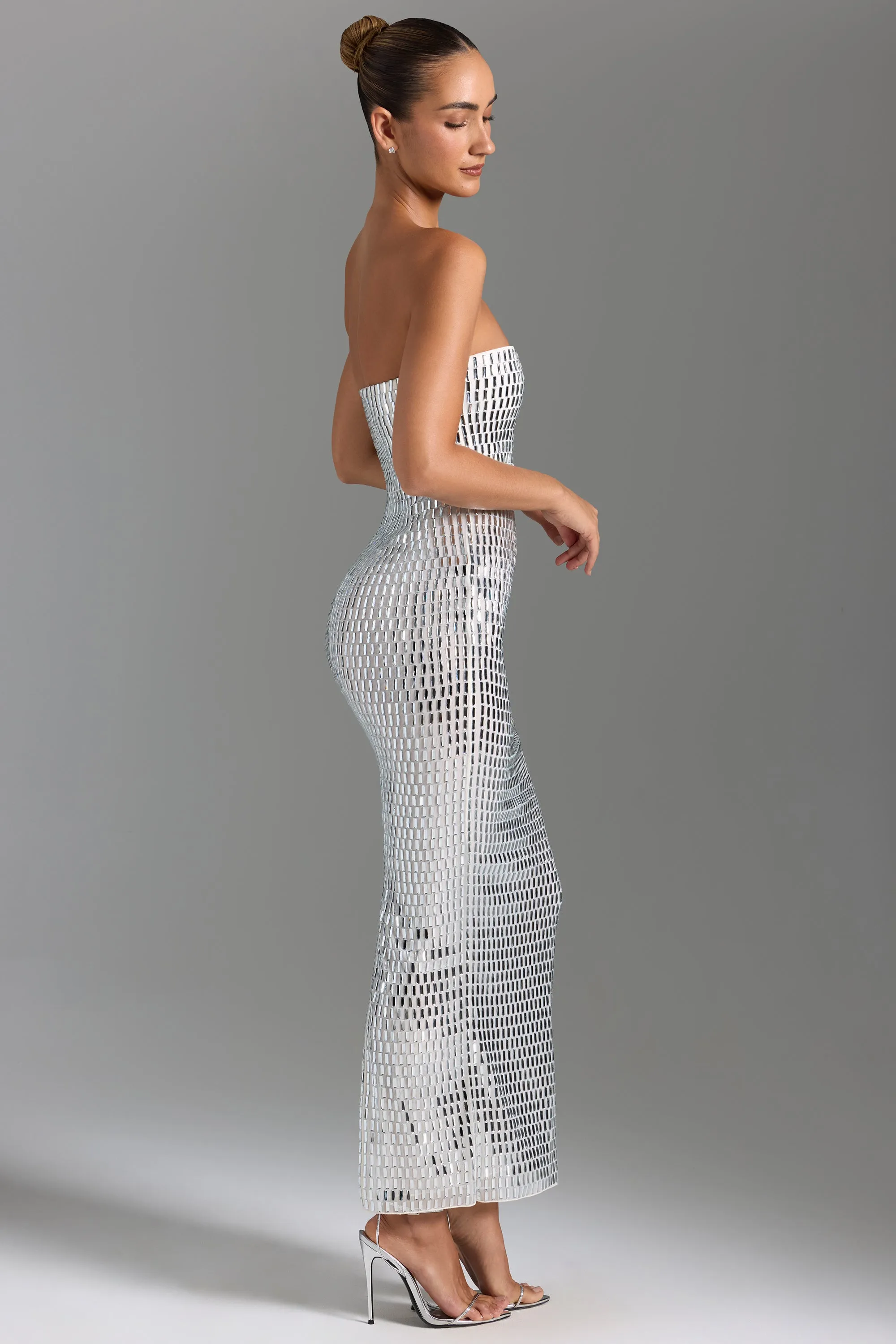 Embellished Bandeau Maxi Dress in White Soft fabric maxi gown
