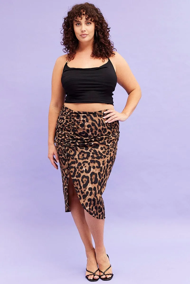 premium fabric Seasonal Layering Beige Animal Print Midi Skirt High Waist Ruched