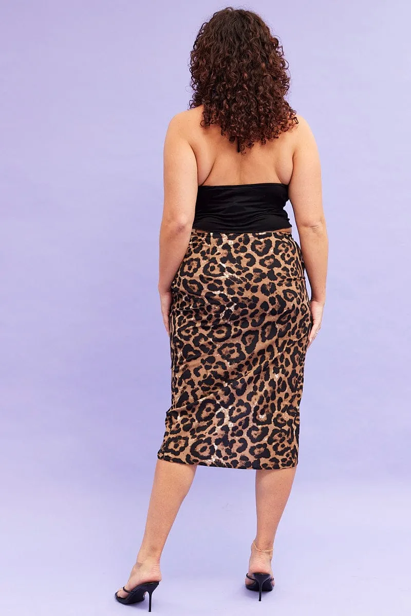 Natural Mood Simple Styling Beige Animal Print Midi Skirt High Waist Ruched
