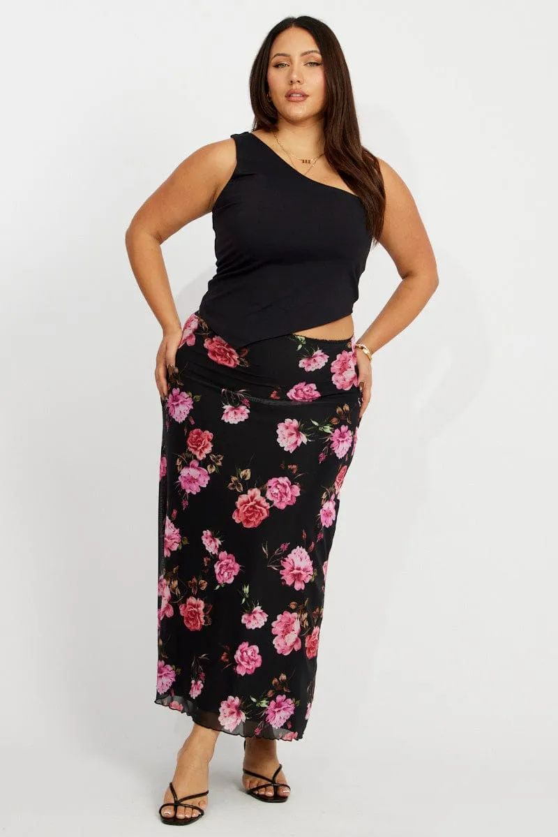 Fresh Style Mini length Black Floral Lace Trim Mesh Midi Skirt