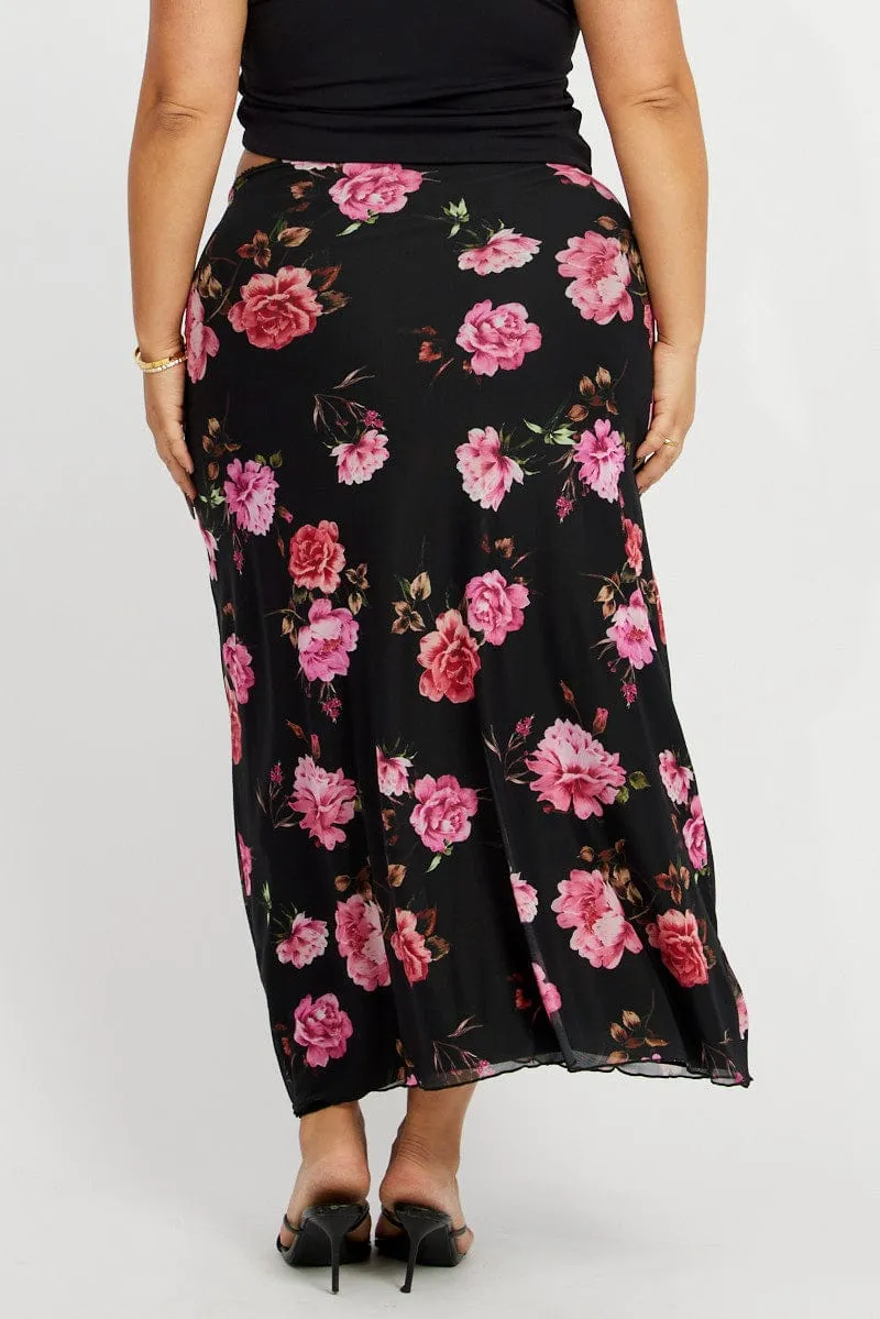 Black Floral Lace Trim Mesh Midi Skirt Sleek Vibe