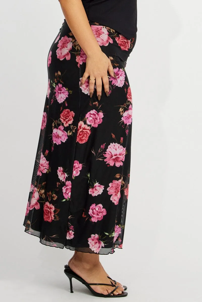 Black Floral Lace Trim Mesh Midi Skirt Wedding guest