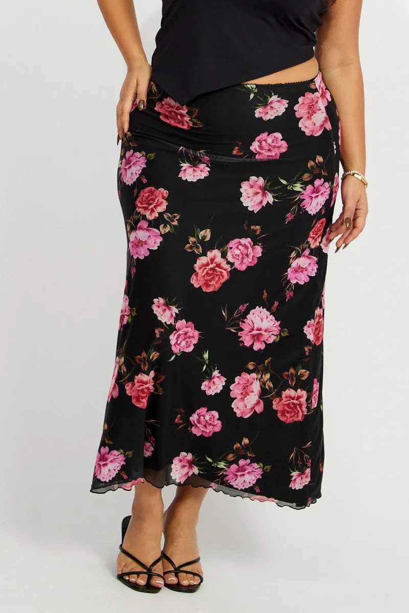 Black Floral Lace Trim Mesh Midi Skirt Simple Comfort Travel Influence