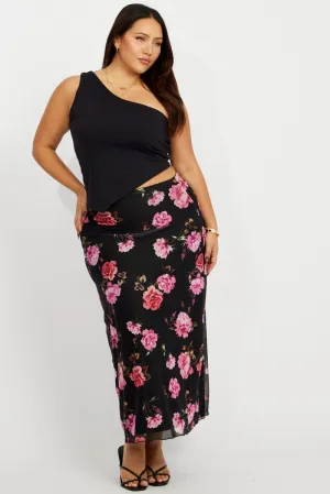 Black Floral Lace Trim Mesh Midi Skirt Elastic hem Tonal Look