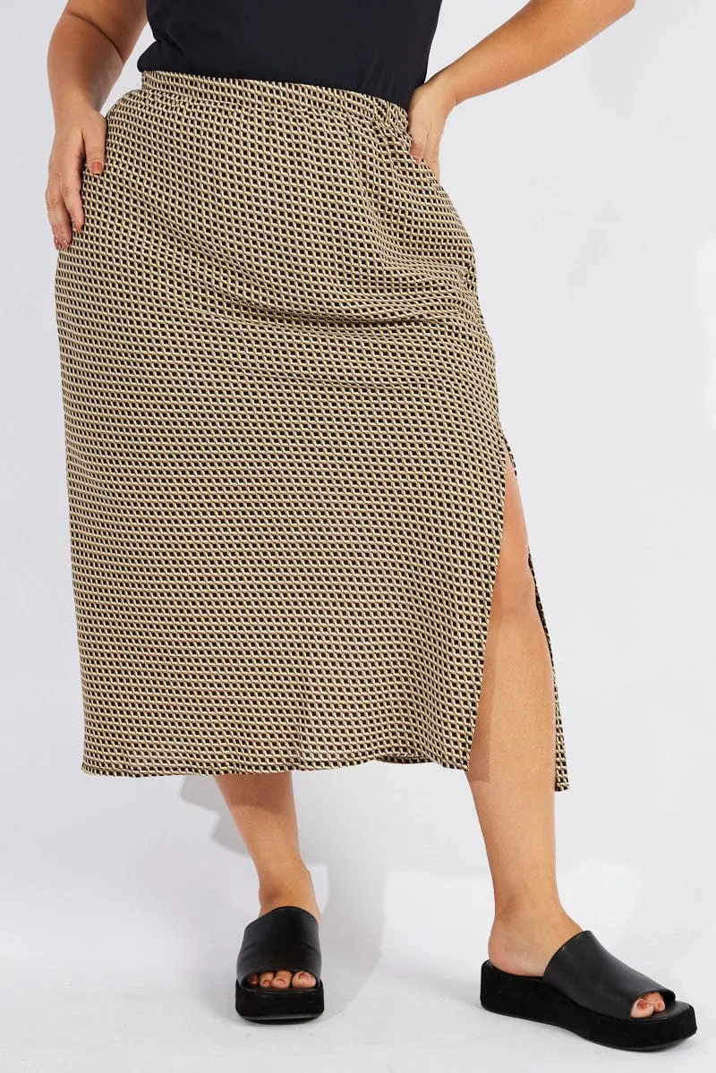 Chill Wear Layered Hem Black Geo Midi Split Skirt