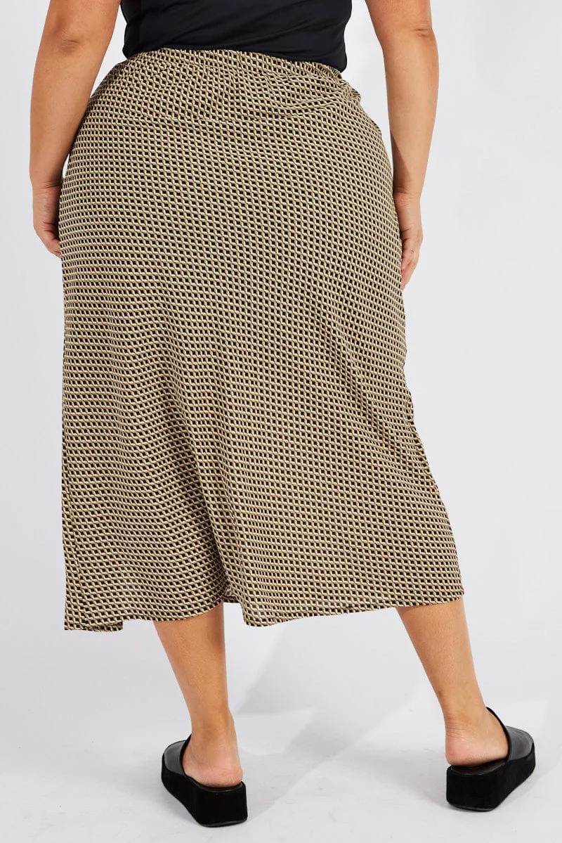 Black Geo Midi Split Skirt Bold Print Smooth Feel