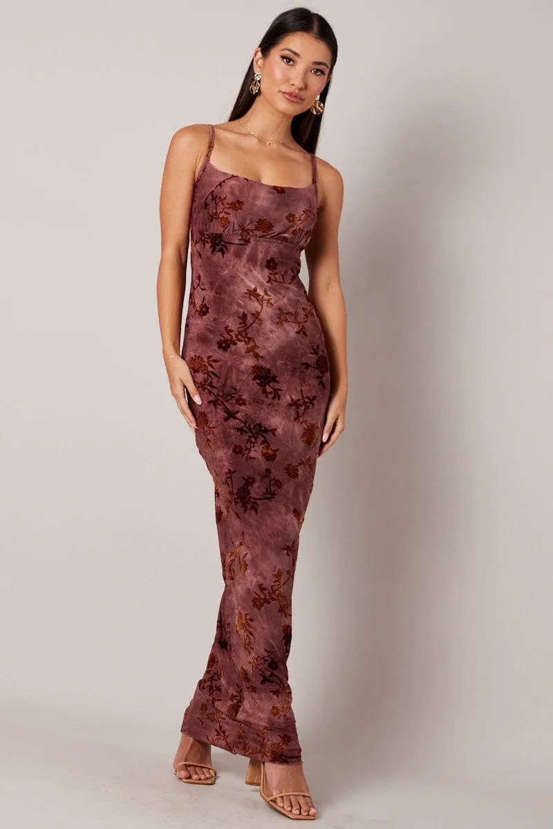 Elegant dress for brunch Brown Floral Slip Dress Cowl Neck Maxi Velvet Devore Dress