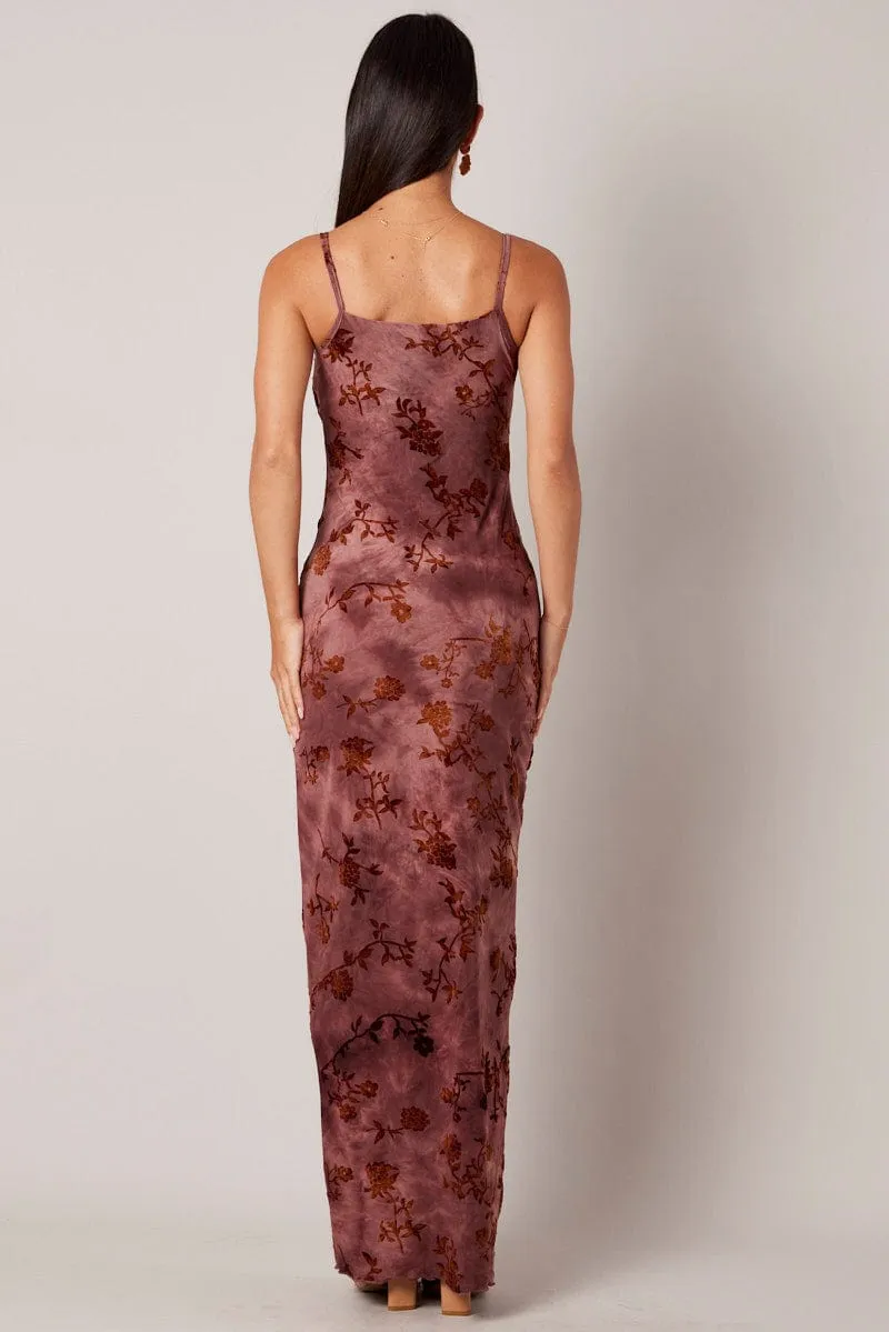 Dune Path Step Glow Brown Floral Slip Dress Cowl Neck Maxi Velvet Devore Dress