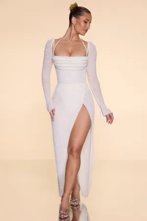 Embellished Cowl Neck Maxi Dress in Ivory Leather Soft