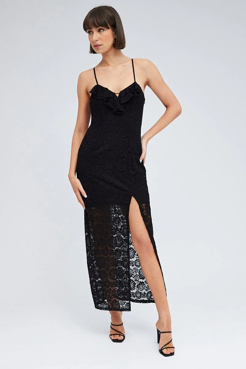 The dress??s versatile design allows you to wear it for work, weekend outings, or evening events Organza Glow Black Maxi Dress Sleeveless Side Split Lace