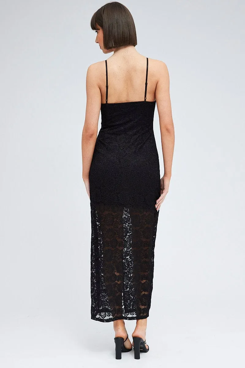 Black Maxi Dress Sleeveless Side Split Lace Blossom View This dress offers a flattering shape that can easily be accessorized for a variety of looks