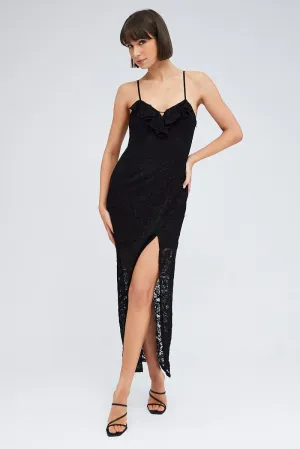 Spanish Heat Black Maxi Dress Sleeveless Side Split Lace