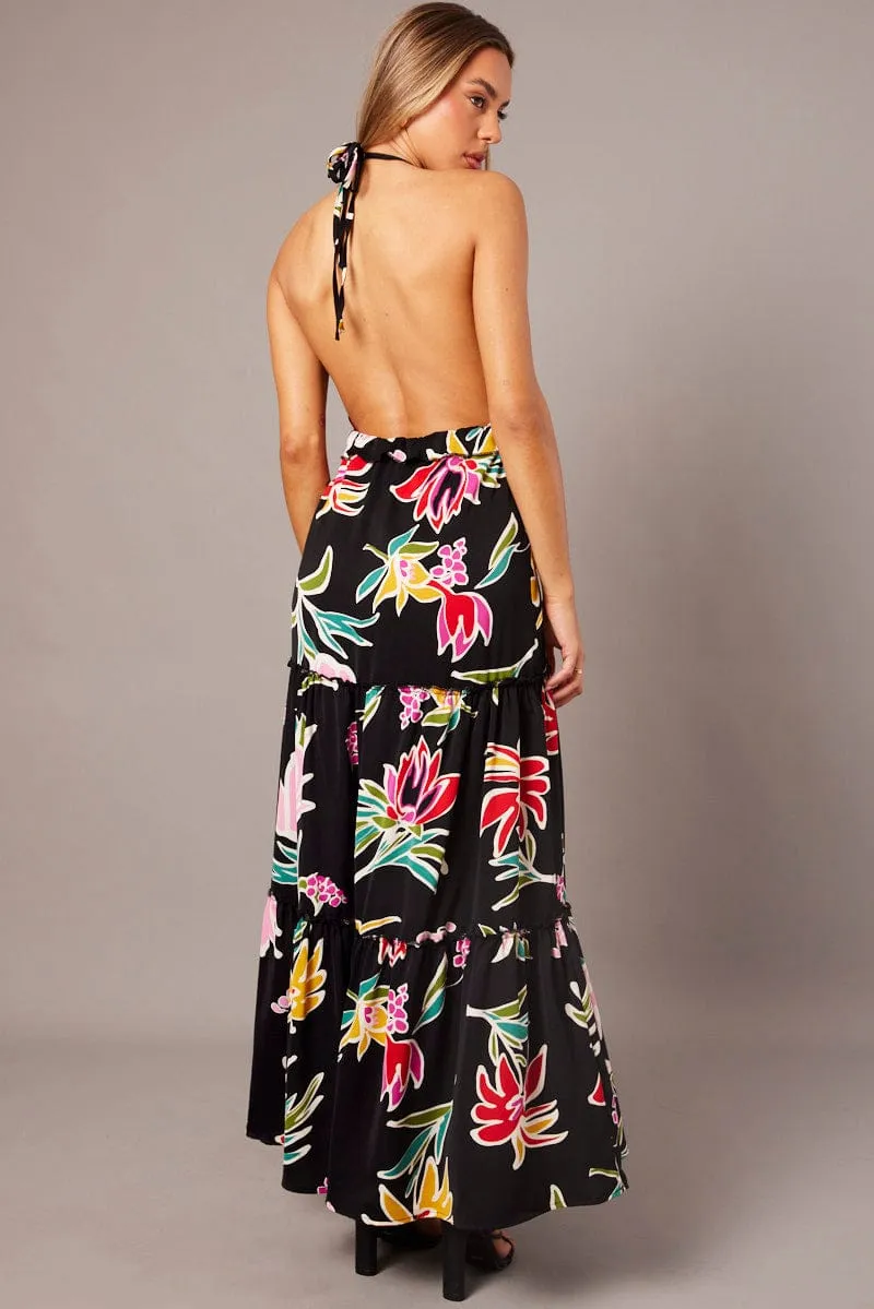 Step Glow Layer Glow Black Floral Halter Neck Ruffle Tiered Maxi Dress