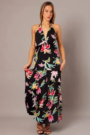 Moonlit Shore Beige Glow Black Floral Halter Neck Ruffle Tiered Maxi Dress