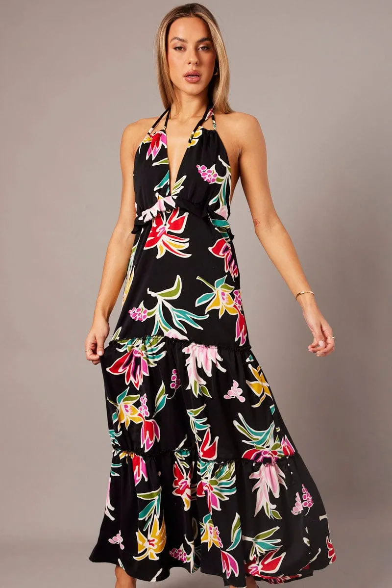 Layered maxi for special events Black Floral Halter Neck Ruffle Tiered Maxi Dress