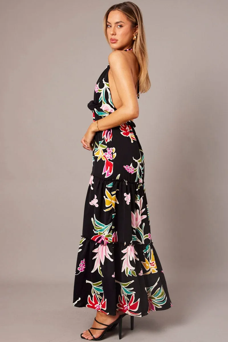 Sea Breeze Day Warm Black Floral Halter Neck Ruffle Tiered Maxi Dress