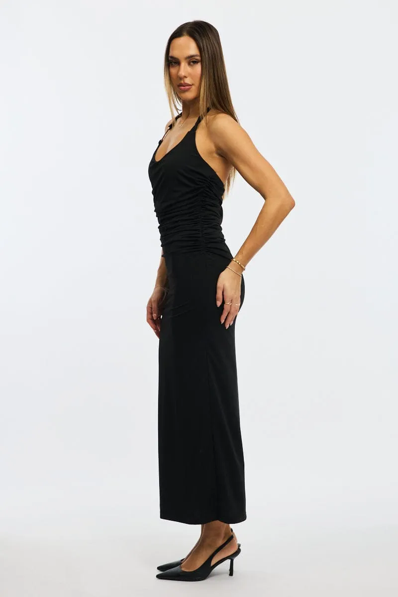 Sage Green Crystal Glow Black Bodycon Dress Halter Neck