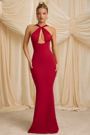 Bronze Tone Wood Glow Pearl-Detail Halterneck Maxi Dress in True Red