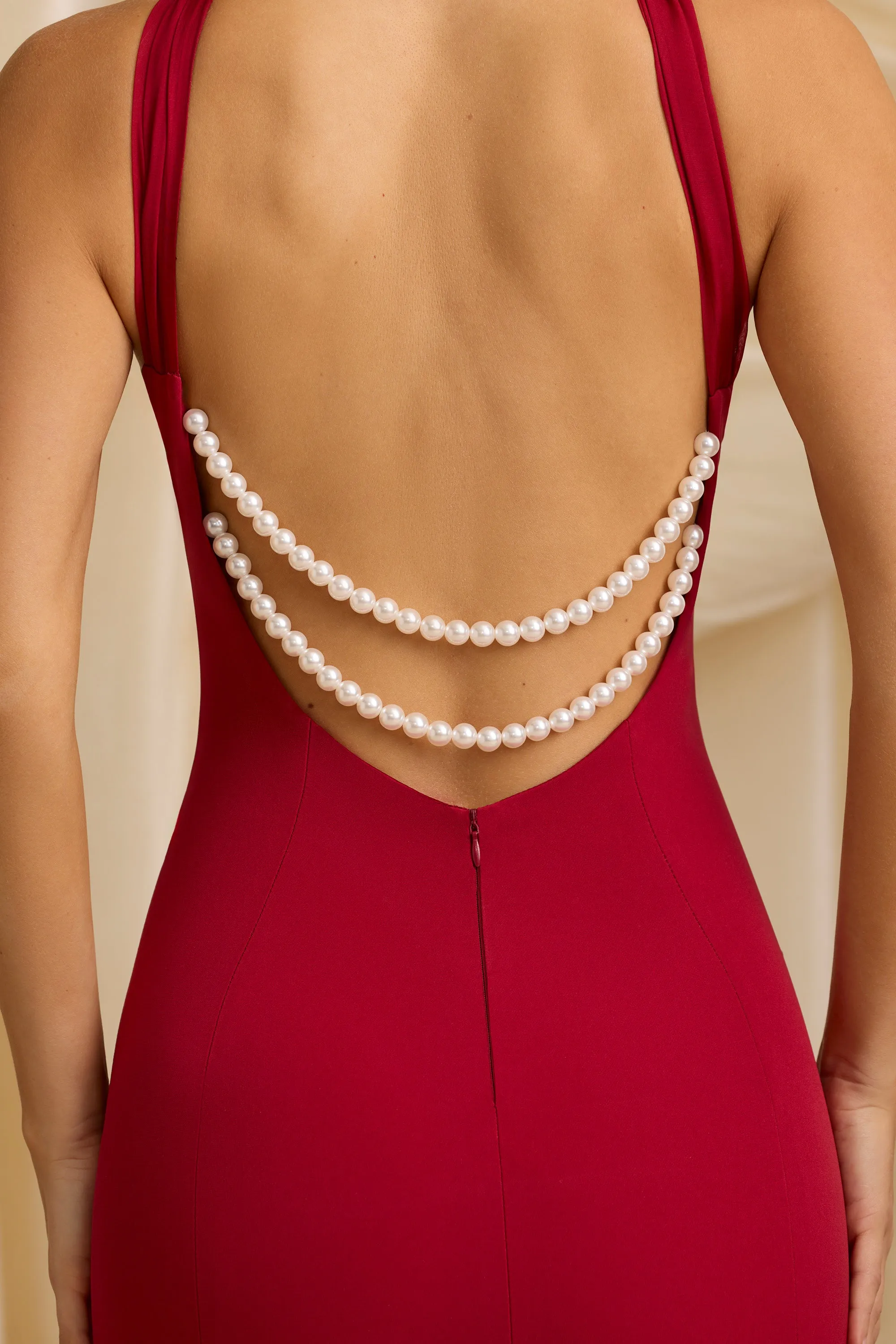 Pearl-Detail Halterneck Maxi Dress in True Red Coral Shine