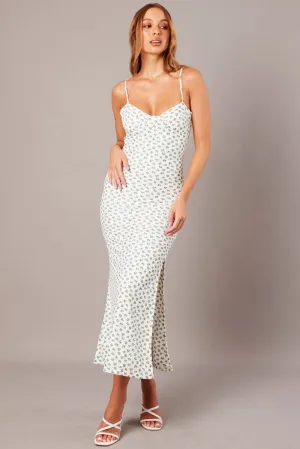 White Ditsy Maxi Dress Sweetheart Neck Bodycon Textured Orange Heat Sunrise Glow