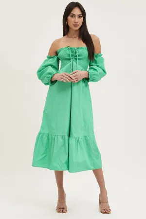 Green Dress Off Shoulder Maxi Stone Path