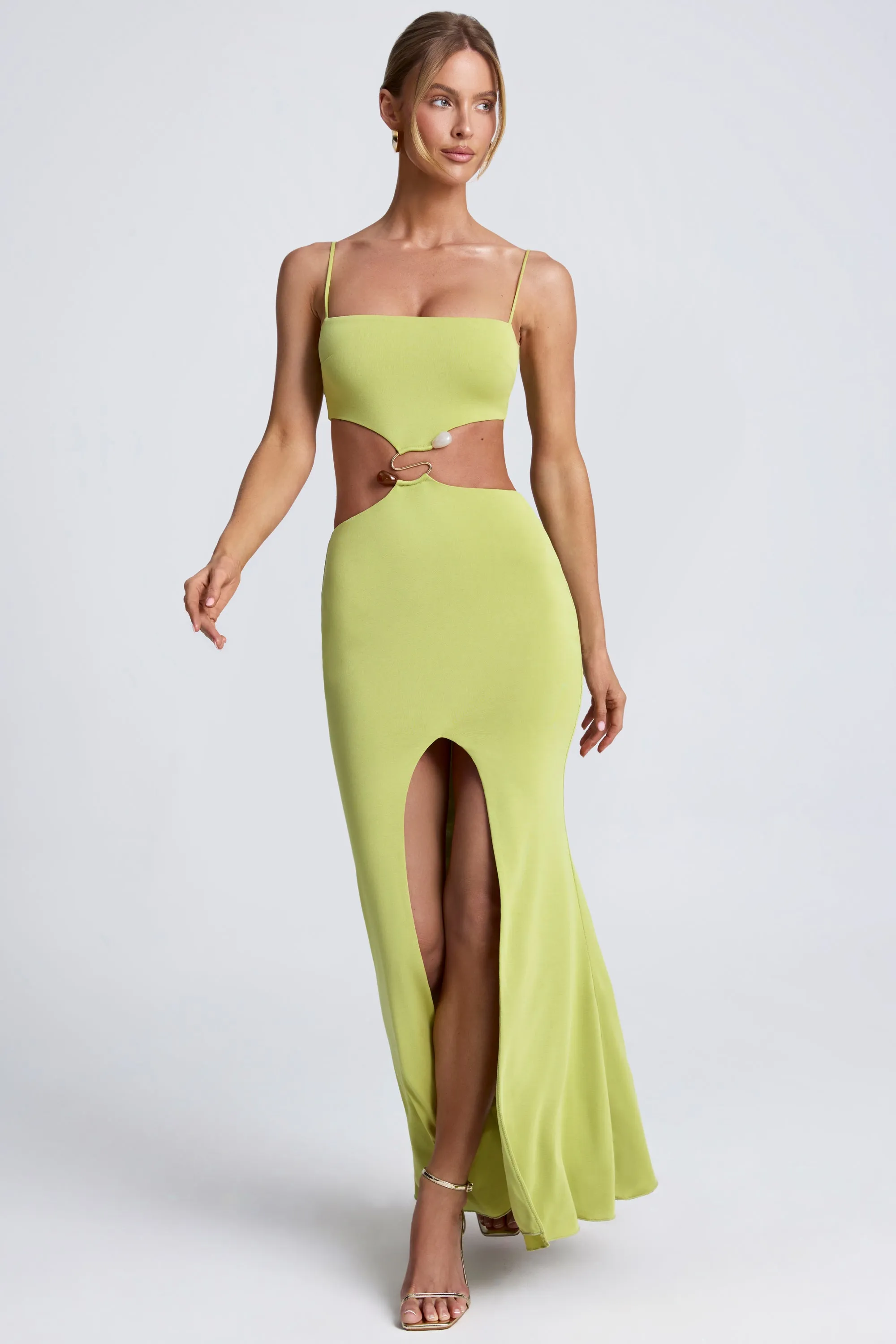 Puff Sleeve Milky Glow Hardware Detail Cut-Out Maxi Dress in Olive Green
