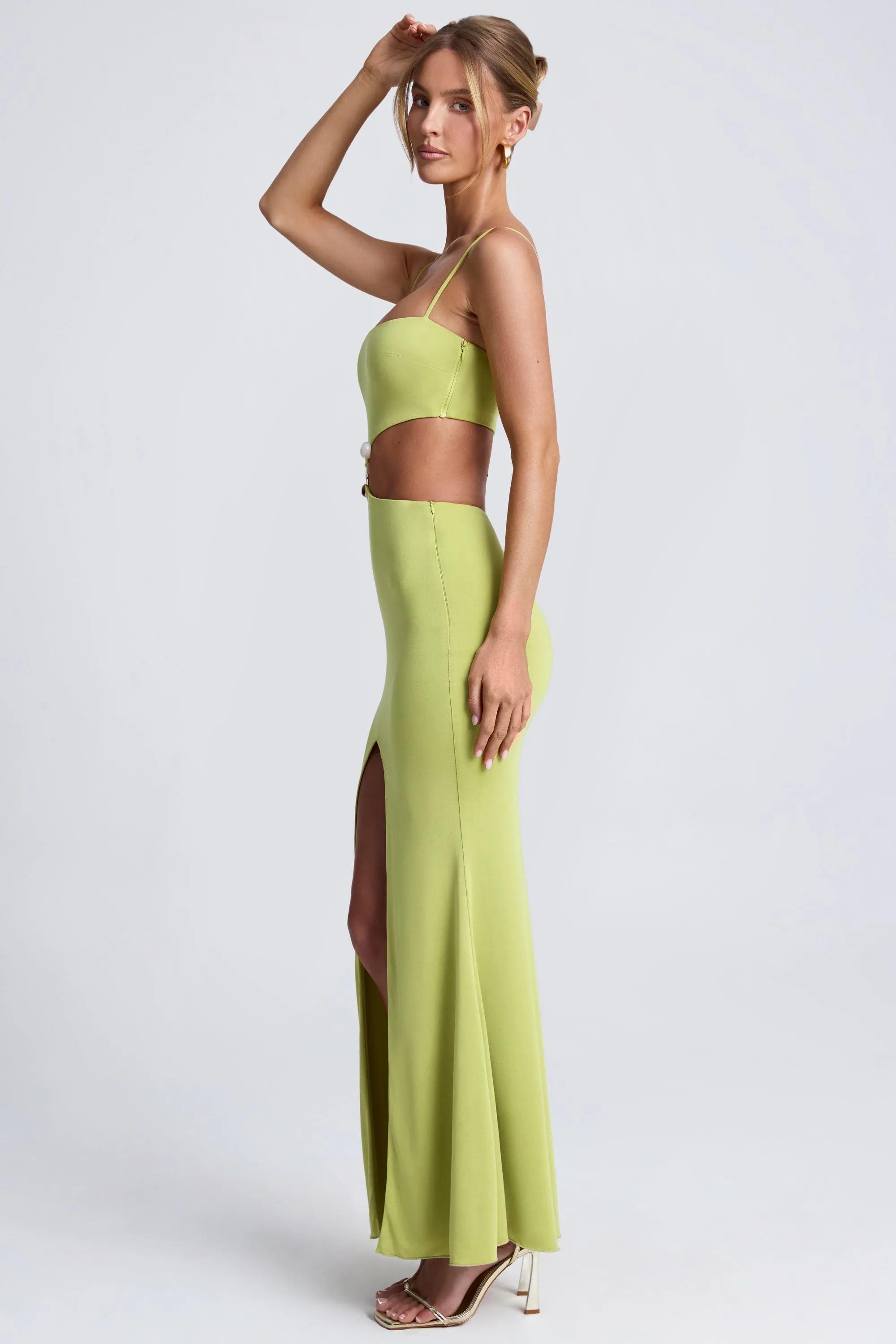Garden View Lantern Glow Hardware Detail Cut-Out Maxi Dress in Olive Green