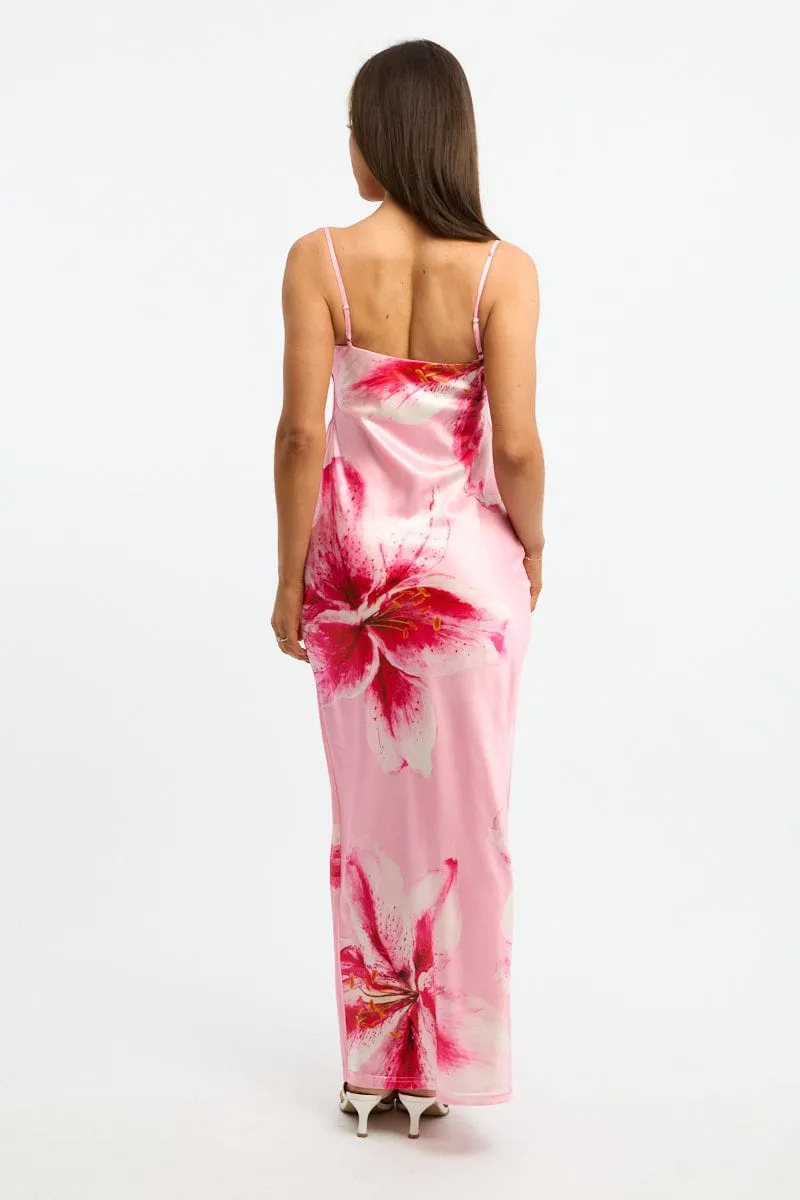 Pink Floral Maxi Dress Cowl Neck Twill Smooth