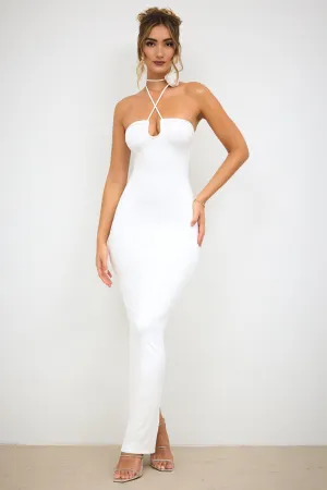 Slinky Jersey Rose Detail Halter Neck Maxi Dress in White Silver Glow
