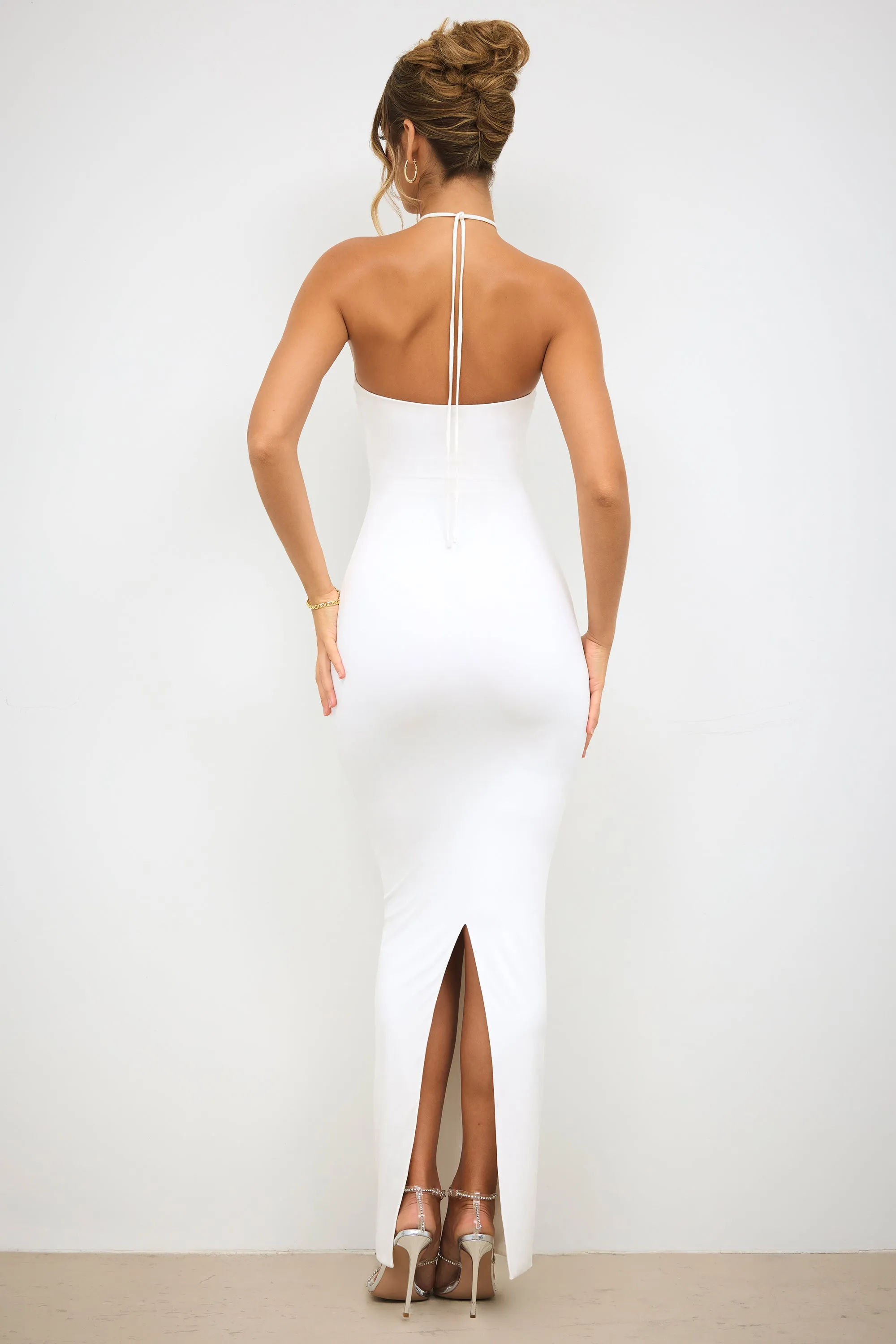 Gala Mood Organza Air Slinky Jersey Rose Detail Halter Neck Maxi Dress in White