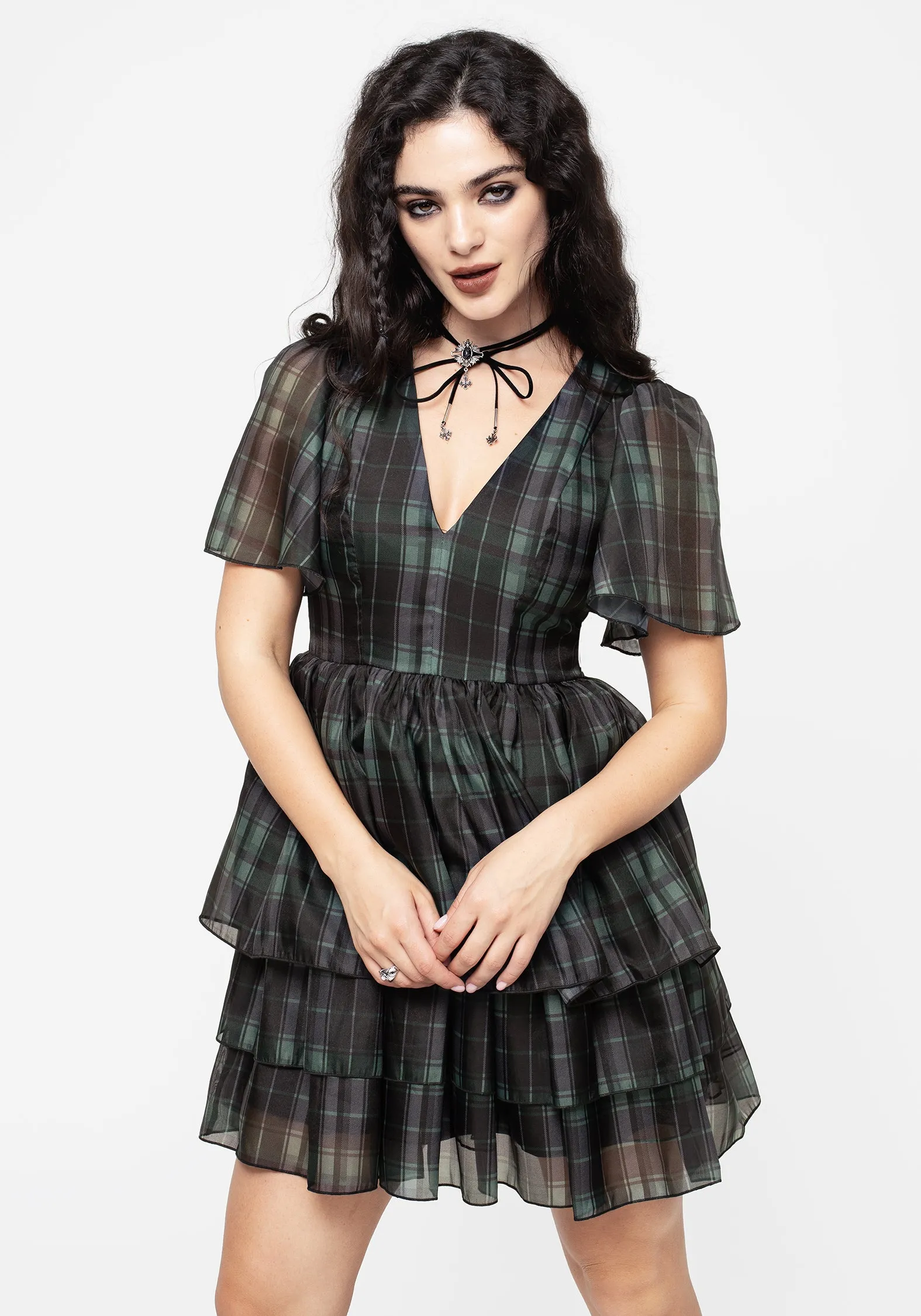 Butterfly Sleeve Option Checkmate Layered Organza Mini Dress